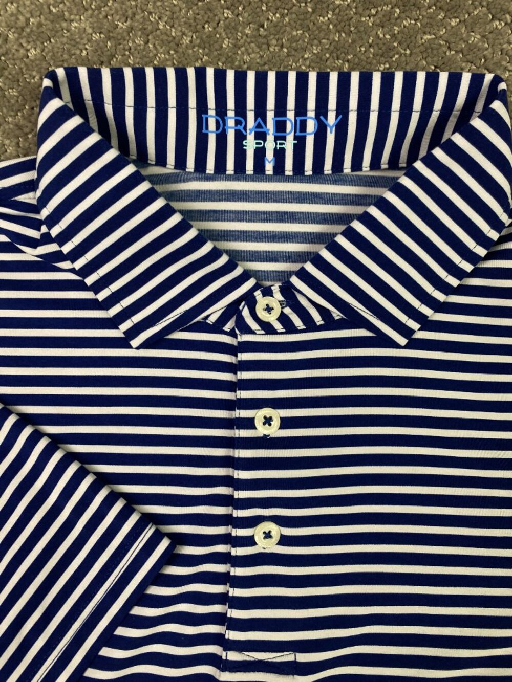 B. Draddy Polo Shirt Mens Medium Navy Blue White Striped Golf Performance Preppy